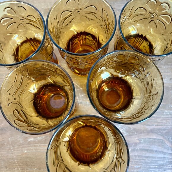 Vintage Amber Glass Goblets Set of 6 Floral Pressed Glass Mid Century A - Picture 3 of 10